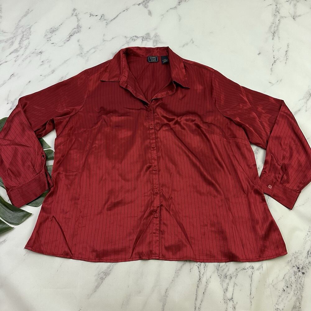Laura Scott Womens Vintage Y2k Satin Button Up Top Plus Size 24 W Red Stripe